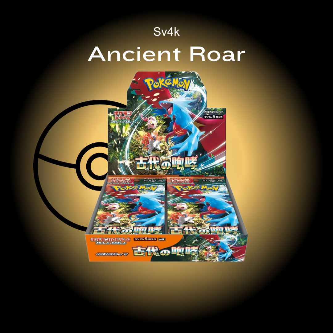 Pokémon trading card game packs with 'Ancient Roar' theme on a dark background