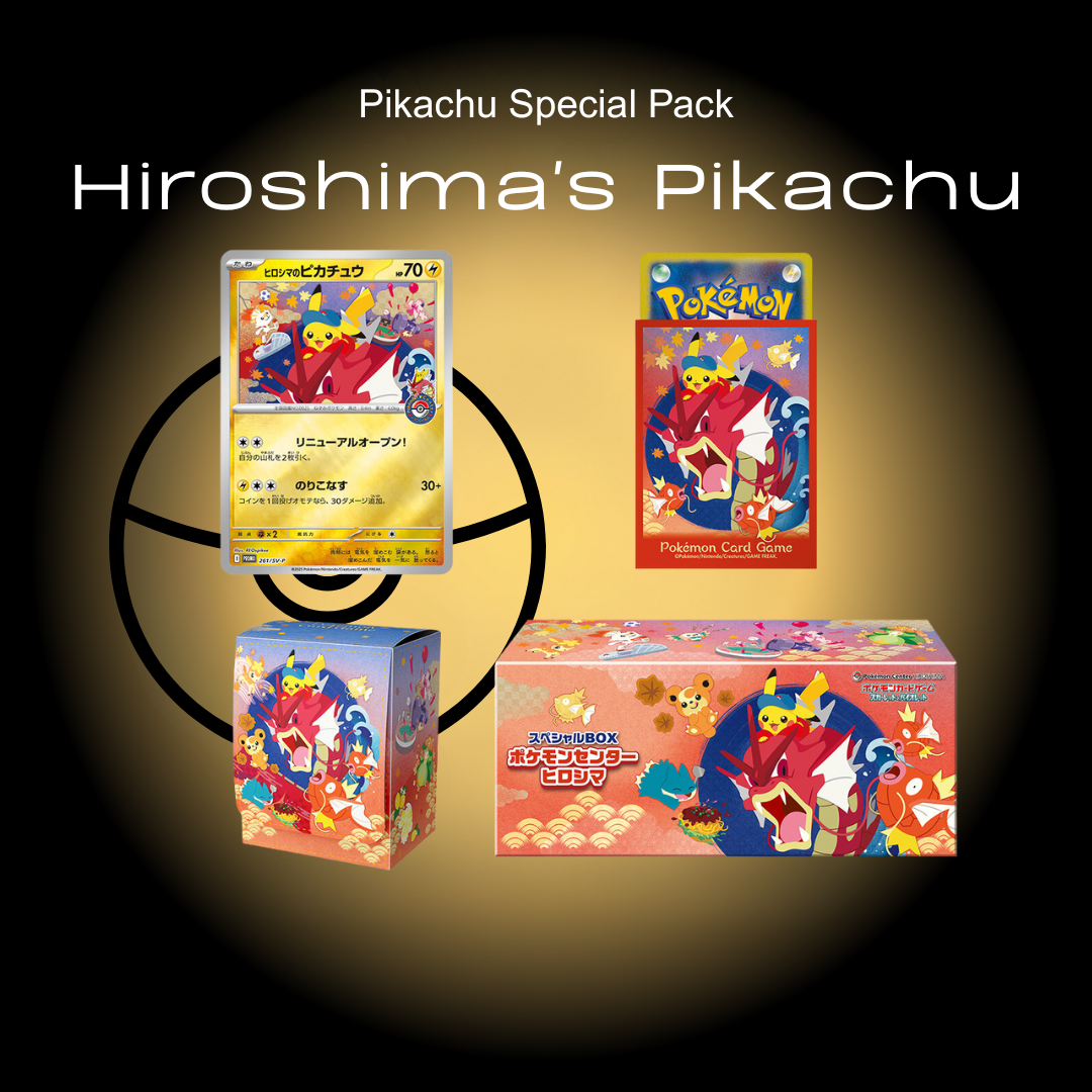 Hiroshima Pikachu promo box
-A full set of 64 themed card sleeves
-One premium matching deck box
-Everything packed into a sleek long card storage box, all wrapped in stunning full-art limited edition packaging.