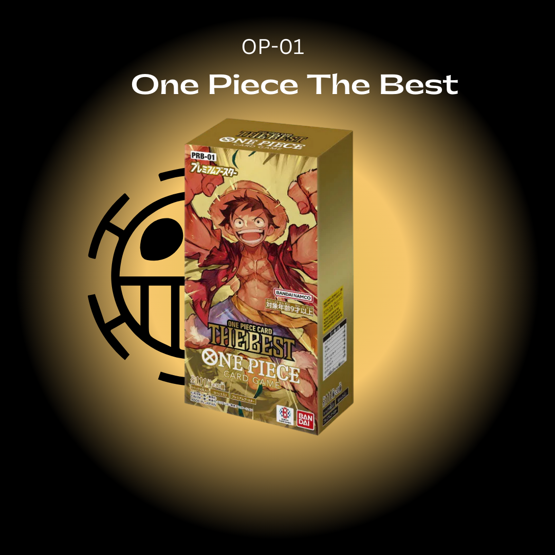 A booster box of 'One Piece The Best' trading cards featuring a character illustration on the packaging.
