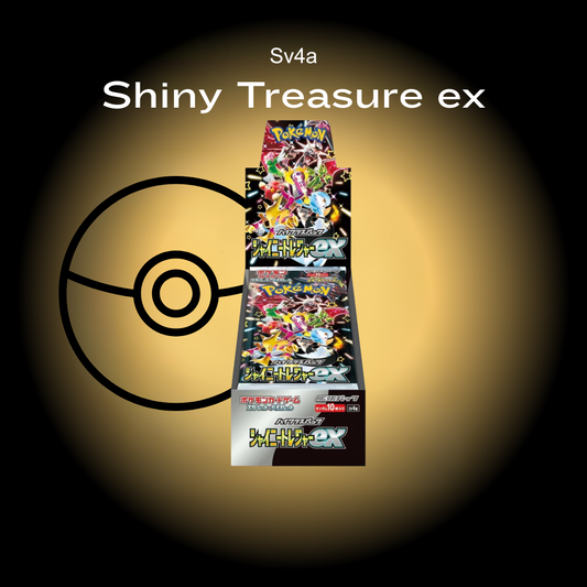 Pokémon trading card game pack labeled 'Shiny Treasure ex'  sv4a with a Poké Ball symbol on a dark background.