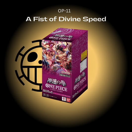 A booster box of One Piece anime trading cards titled 'Fist of Divine Speed' featuring character illustrations from the series.