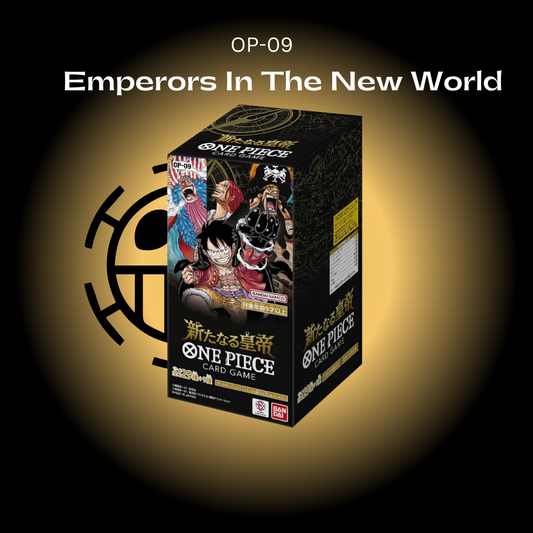 A booster box of One Piece trading cards titled 'Emperors In The New World' with character artwork displayed on the box.