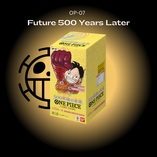 A box of One Piece OP-07 booster cards with an illustration of a character from the series on the front.