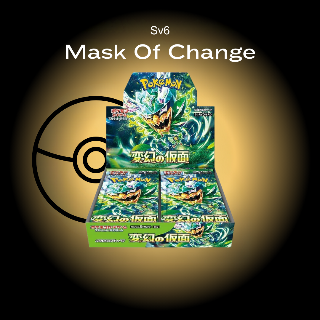 Pokémon trading card game packaging with 'Mask of Change' text on a dark background