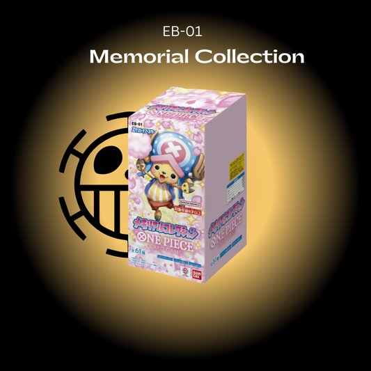 A booster box of One Piece EB-01 Memorial Collection with the straw hat pirate crew artwork.