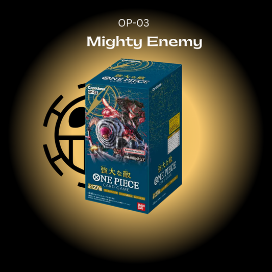 A booster box of One Piece trading cards titled 'Mighty Enemy' OP-03