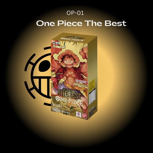 A booster box of 'One Piece The Best' trading cards featuring a character illustration on the packaging.