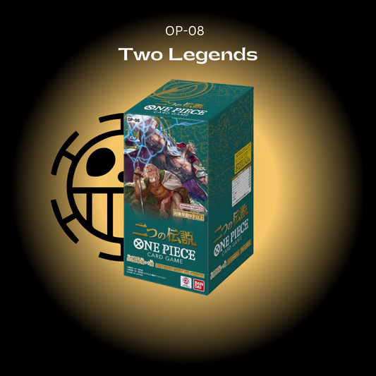A booster box of One Piece trading cards titled 'Two Legends' with character illustrations.